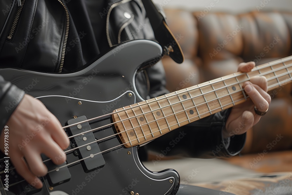 Fototapeta premium Close-Up of a Musician Playing a Black Bass Guitar in a Cozy Setting