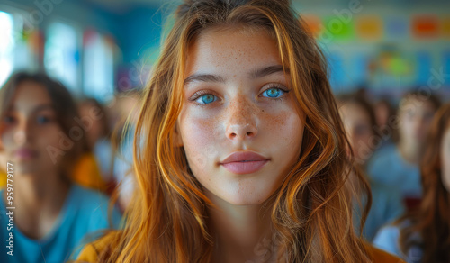 Wallpaper Mural A girl with blue eyes and red hair is standing in front of a group of people. She is the center of attention and she is the most beautiful person in the room Torontodigital.ca