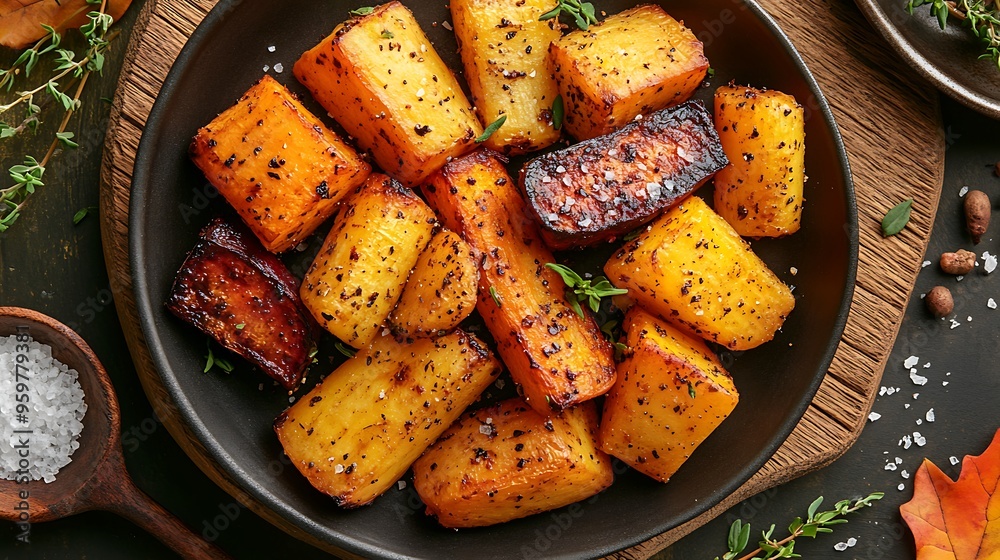 A top-down shot of roasted root vegetables, including carrots, beets, and parsnips, garnished with fresh herbs and sea salt, placed on a rustic wooden board surrounded by autumn leaves and herbs. A top-down shot of roasted root vegetables, including carrots, beets, and parsnips, garnished with fresh herbs and sea salt, placed on a rustic wooden board surrounded by autumn leaves and herbs.