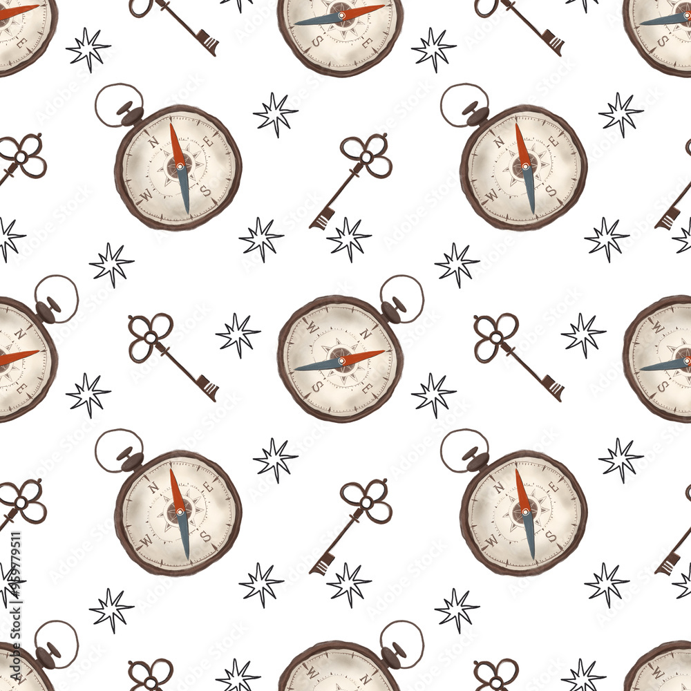 Naklejka premium Compass and keys seamless pattern.