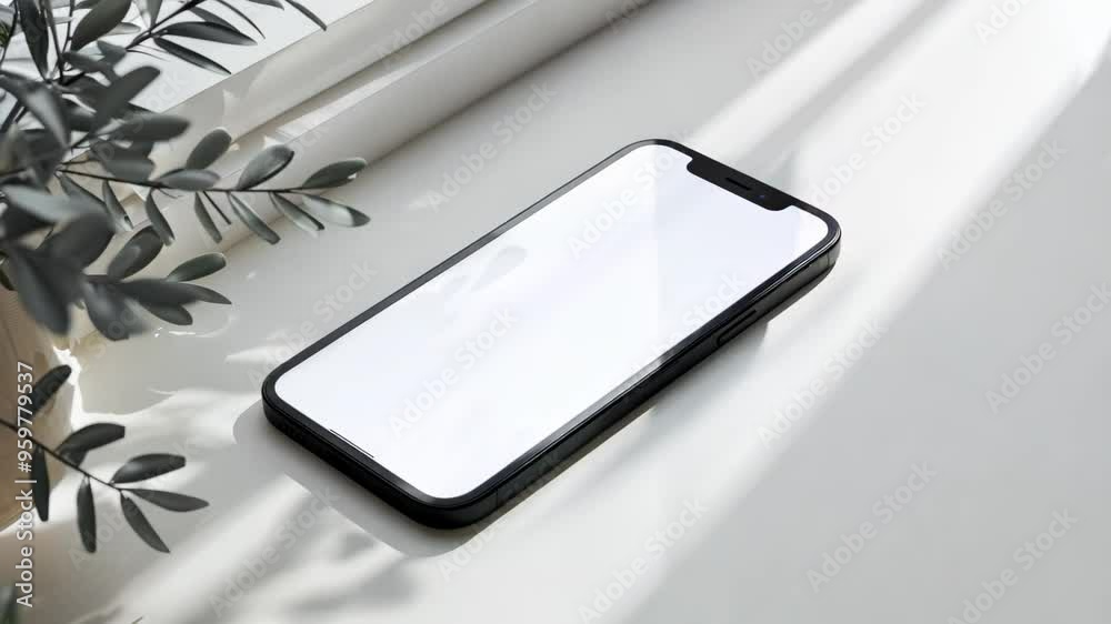 Minimalist Smartphone Mockup with Blank Screen and Floral Decor on Neutral White Bright Background
