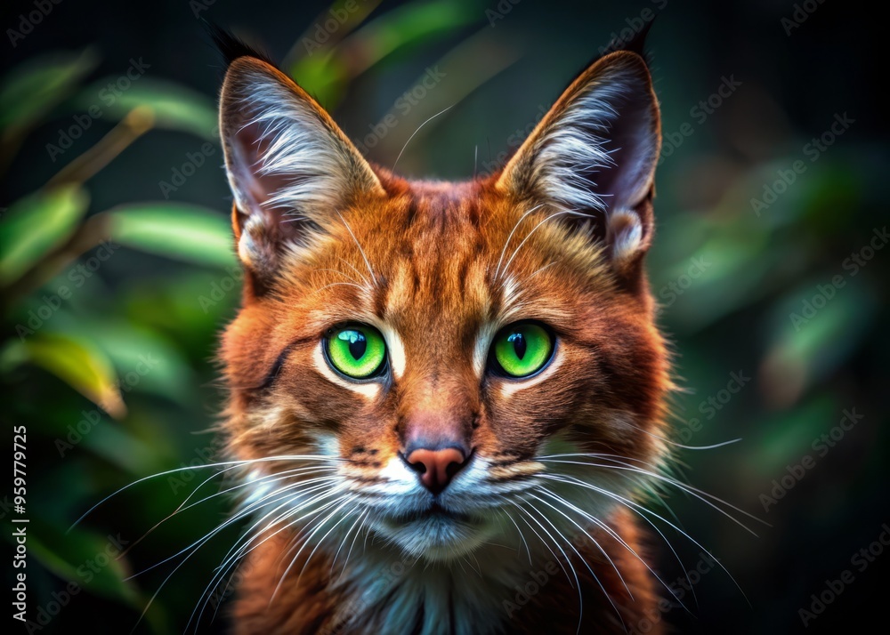 a wild cat with vibrant red fur, long whiskers, and piercing green eyes, set against a dark forest backdrop. a wild cat with vibrant red fur, long whiskers, and piercing green eyes, set against a dark forest backdrop.