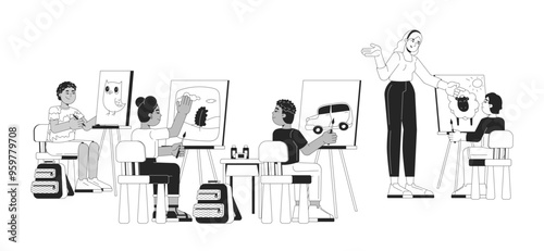 Preteen school art class kids teacher black and white 2D line characters. Diverse artists schoolchildren painting canvas easel isolated vector outline people. Monochromatic spot illustration
