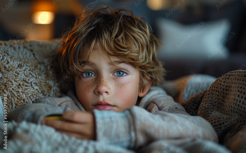 A young boy is laying on a bed with a blanket and a remote in his hand. He has blue eyes and a beard