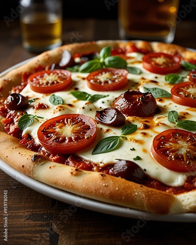 Pizza, served on a bespoke, eco-friendly ceramic plate with natural accents, shot at 24k resolution. photo