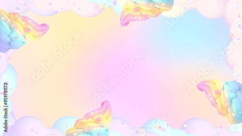 Looped rainbow ice cream and clouds border on iridescent gradient background animation.
