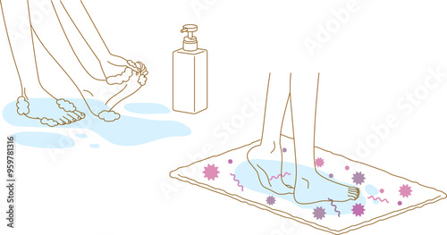水虫の対策イラストセット：足をせっけんで洗う・白癬菌が繁殖したバスマットを使う