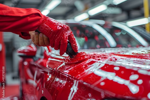 Professional Car Detailing: A Close-Up of a Red Vehicle Being Hand-Washed photo