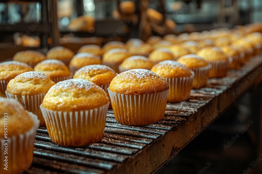 Freshly Baked Muffins with Powdered Sugar on a Metal Rack Freshly Baked Muffins with Powdered Sugar on a Metal Rack