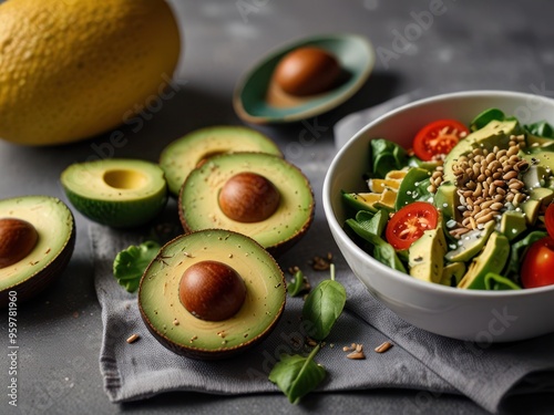 Fresh Avocado Salad with Tomatoes, Seeds, and Greens on a Rustic Table