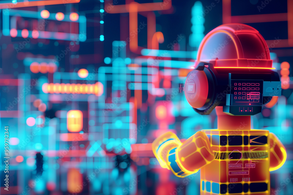 Cartoon futuristic construction site with team of hardworking robots operating heavy machinery cranes and bulldozers holographic blueprint Inspection and Rural Development Cartoon futuristic construction site with team of hardworking robots operating heavy machinery cranes and bulldozers holographic blueprint Inspection and Rural Development