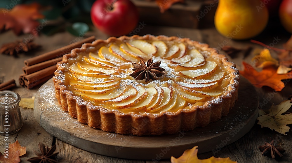A wide-angle shot capturing a rustic autumn table with a spiced pear tart at the center, topped with powdered sugar and surrounded by cinnamon sticks, star anise, and colorful fall leaves. A wide-angle shot capturing a rustic autumn table with a spiced pear tart at the center, topped with powdered sugar and surrounded by cinnamon sticks, star anise, and colorful fall leaves.