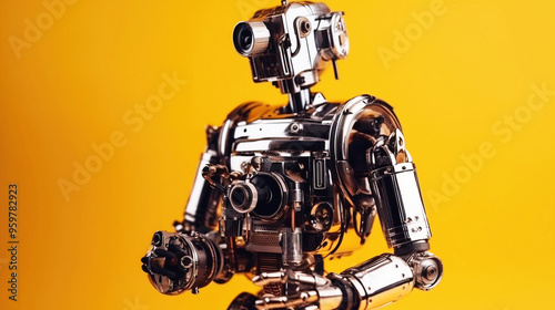 Android robot, futuristic technology, cyborg artificial intelligence concept. Yellow background, isolate. AI generated.