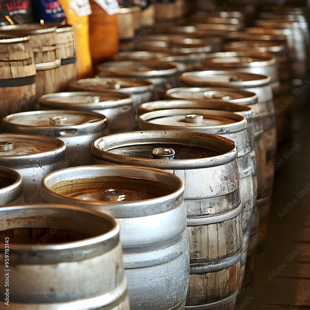 Rows of Wooden Alcohol Barrels in Rustic Brewery or Distillery Setting Rows of Wooden Alcohol Barrels in Rustic Brewery or Distillery Setting