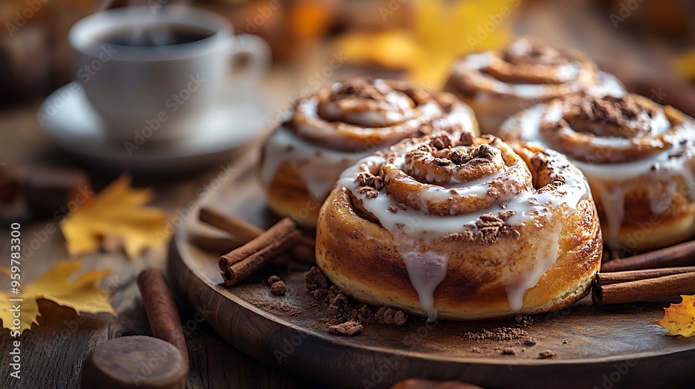 A wide-angle shot capturing a tray of freshly baked cinnamon rolls topped with creamy glaze, surrounded by cinnamon sticks and autumn leaves, with a steaming cup of coffee on a wooden table. A wide-angle shot capturing a tray of freshly baked cinnamon rolls topped with creamy glaze, surrounded by cinnamon sticks and autumn leaves, with a steaming cup of coffee on a wooden table.