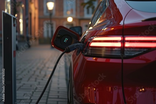 EV electric car plugged charging at standalone station