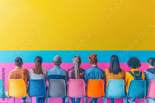 Back view university students sitting on the colorful chair with background. Educational concept