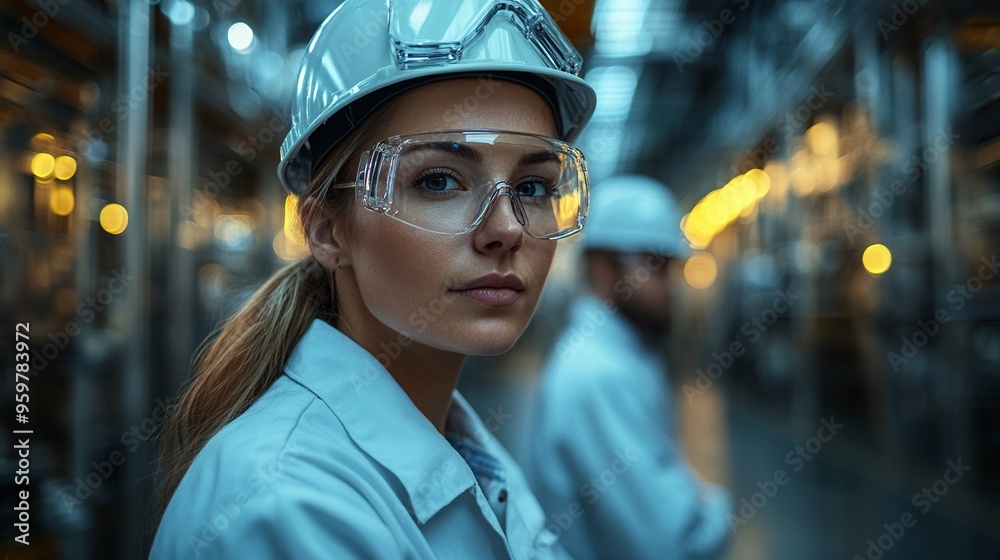 Focused and Determined: Woman in Hard Hat and Safety Glasses in Industrial Setting Focused and Determined: Woman in Hard Hat and Safety Glasses in Industrial Setting