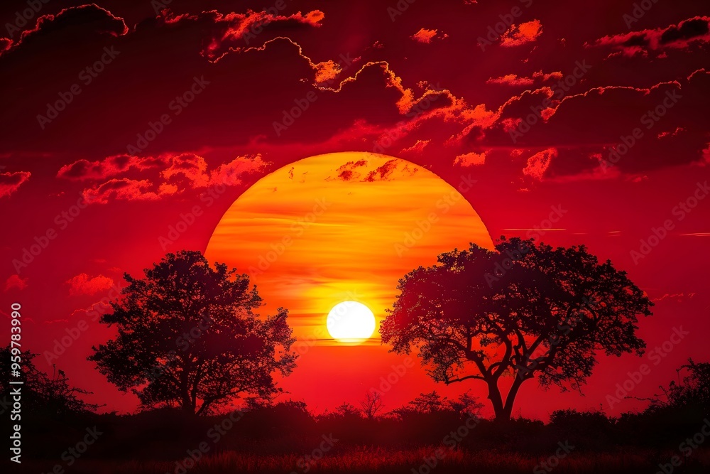 Obraz premium Breathtaking Sunset Over Silhouetted Trees in a Fiery Sky