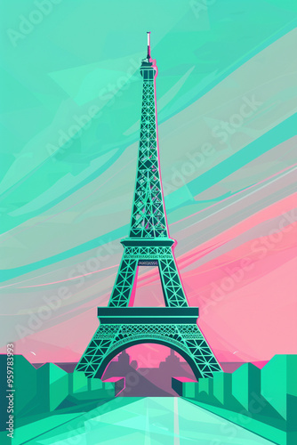 Eiffel Tower Paris flat design, not too complex, modern, 4k, epic composition, flat vector art