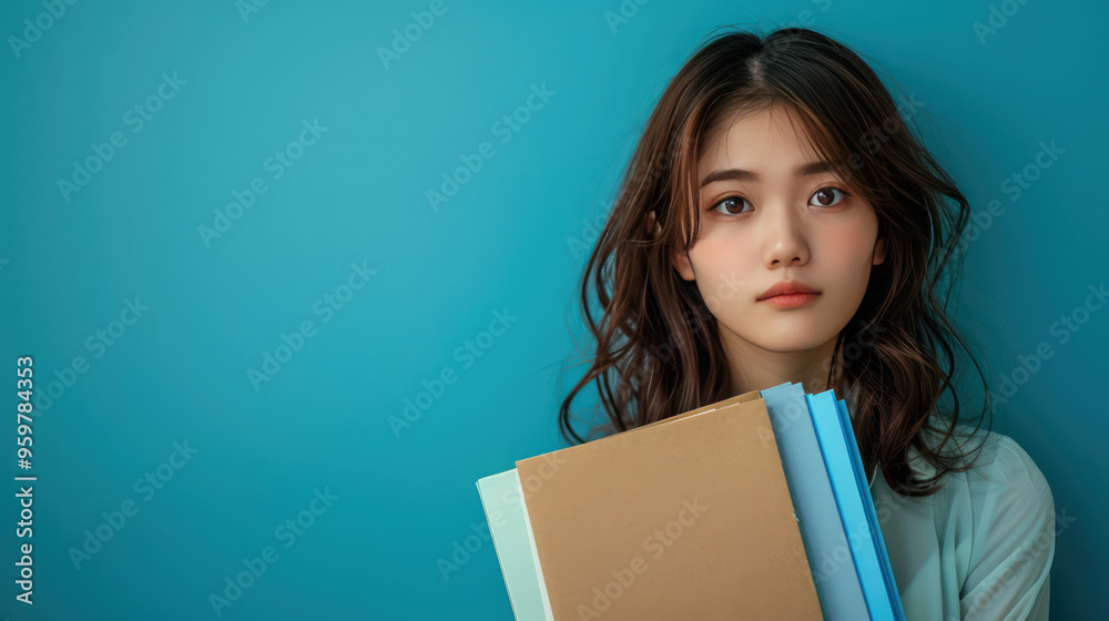 A young woman with long, wavy hair holds stack of colorful books against vibrant blue background, conveying sense of curiosity and contemplation. A young woman with long, wavy hair holds stack of colorful books against vibrant blue background, conveying sense of curiosity and contemplation.