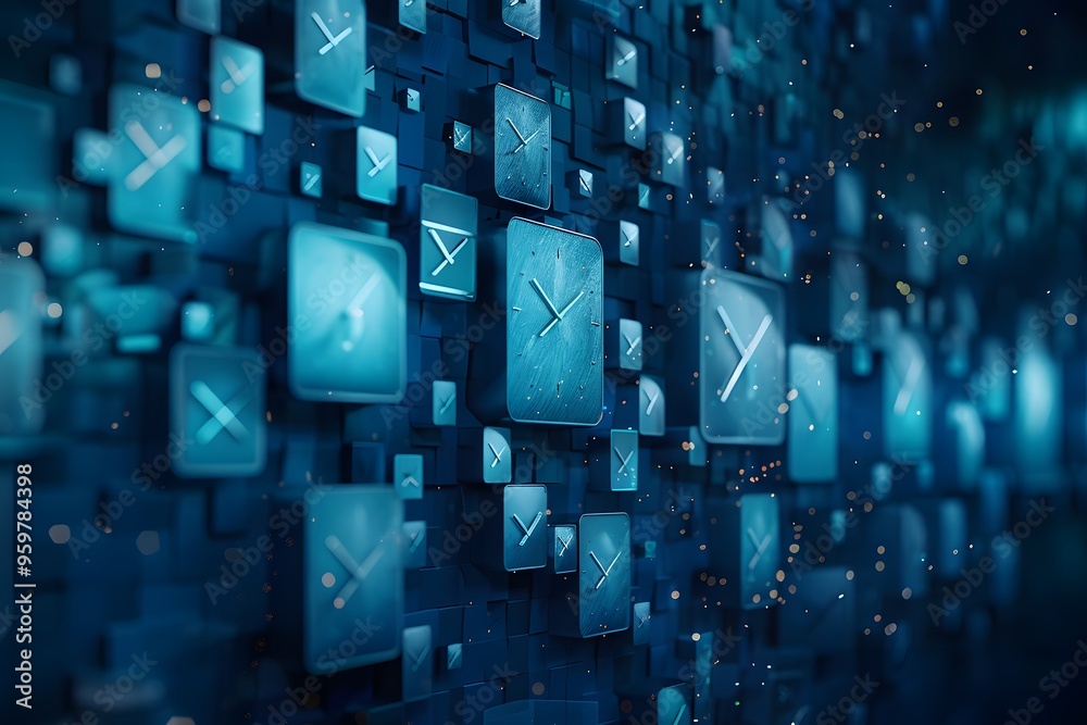 Abstract Digital Background with Floating Blue Icons and Clock Symbols Abstract Digital Background with Floating Blue Icons and Clock Symbols