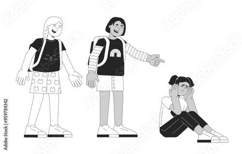 Cruel classmates laughing at depressive girl black and white 2D line characters. School bullies abusing lonely girl student isolated vector outline people. Monochromatic spot illustration