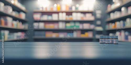 defocused pharmacy interior with rows of colorful products on shelves, featuring a small group of medicine bottles in sharp focus on a countertop,  photo