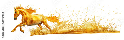 A dynamic golden horse formed from a splash of liquid gold, symbolizing the power and fluidity of performance, speed, and energy in relation to oil and horsepower photo