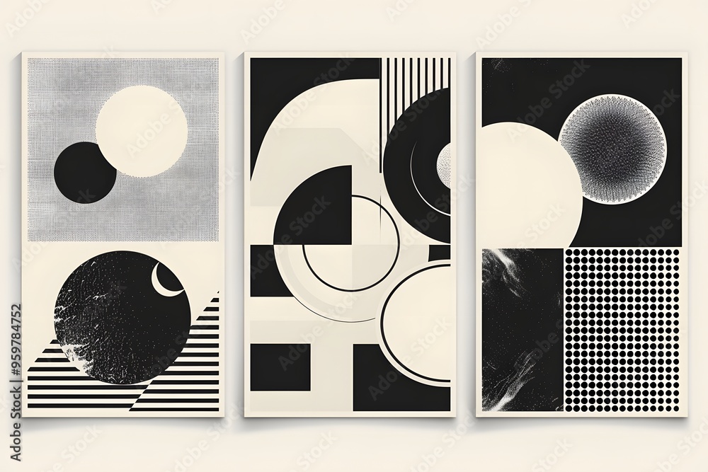 Obraz premium Modern Abstract Triptych Featuring Geometric Shapes and Patterns in Black and White
