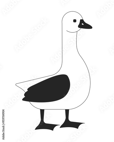 Domestic goose standing black and white 2D line character. Poultry farm habitat. Agricultural husbandry meat bird breeding isolated vector outline personage. Monochromatic spot illustration