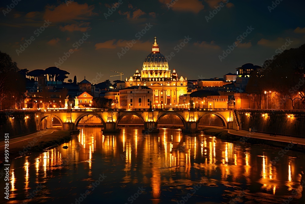 Fototapeta premium Enchanting Night View of St. Peter's Basilica and the Tiber River in Rome