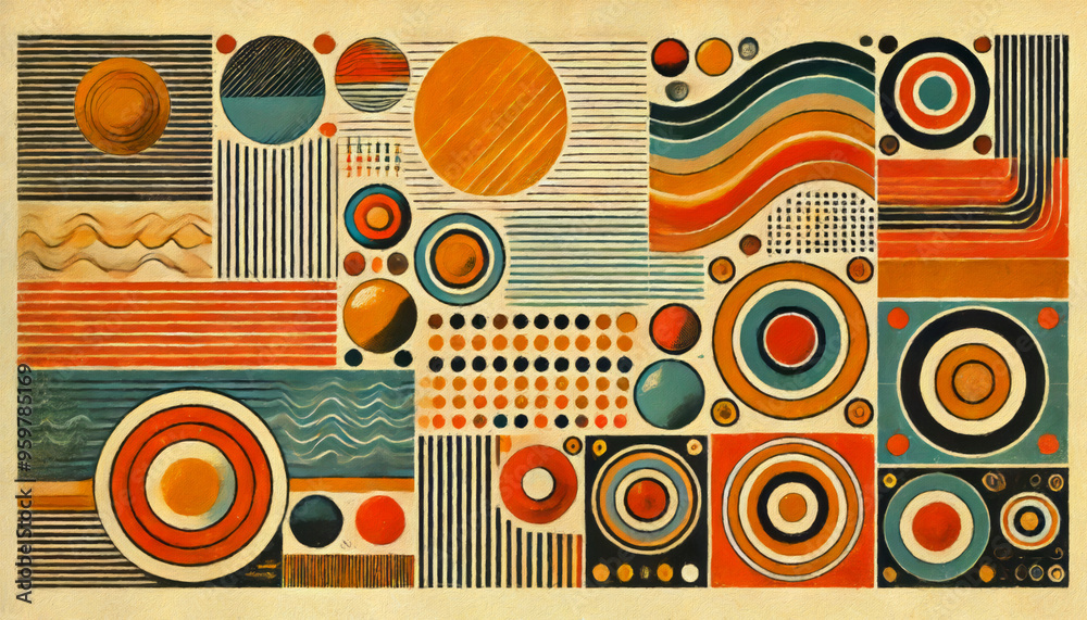 Abstract artwork featuring vibrant circular patterns, stripes, and dots in orange, blue, and yellow tones, creating a dynamic and balanced geometric composition. Ai generative. Abstract artwork featuring vibrant circular patterns, stripes, and dots in orange, blue, and yellow tones, creating a dynamic and balanced geometric composition. Ai generative.