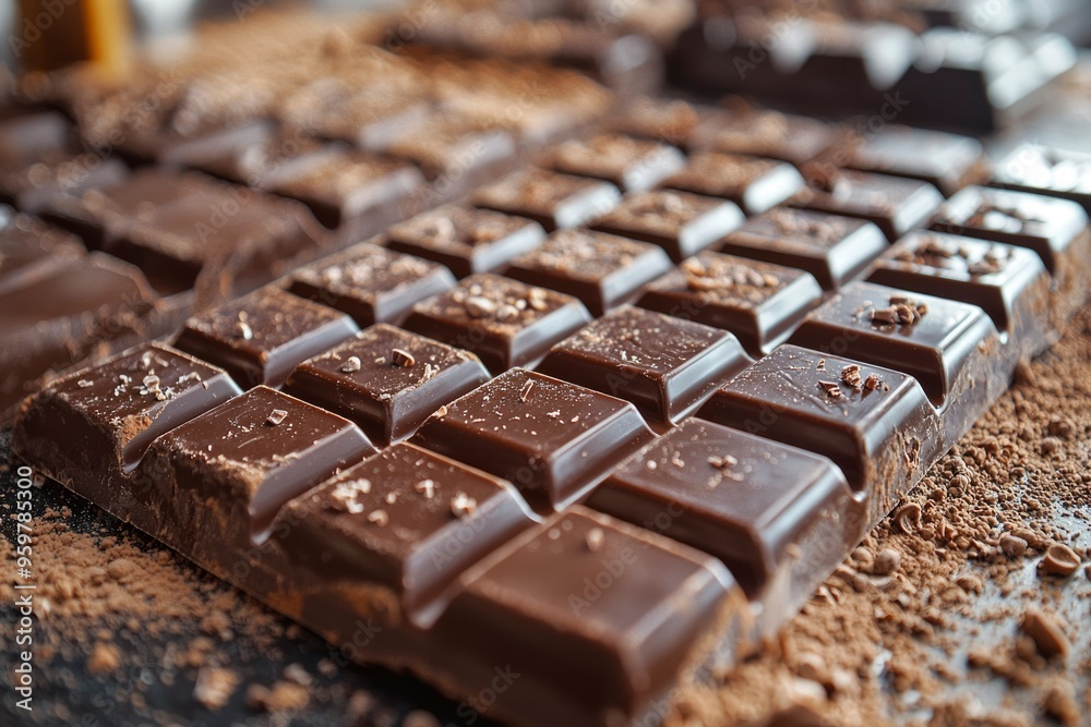 Close-up of Dark Chocolate Bar with Cocoa Nibs and Powder Close-up of Dark Chocolate Bar with Cocoa Nibs and Powder