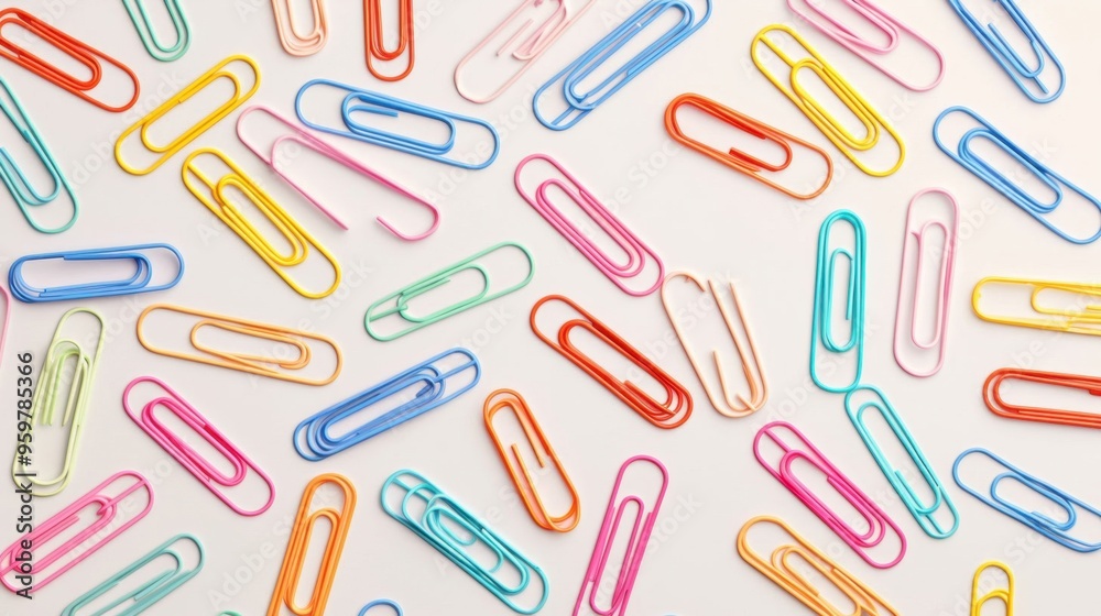 A bunch of colorful paper clips are scattered across a white background A bunch of colorful paper clips are scattered across a white background