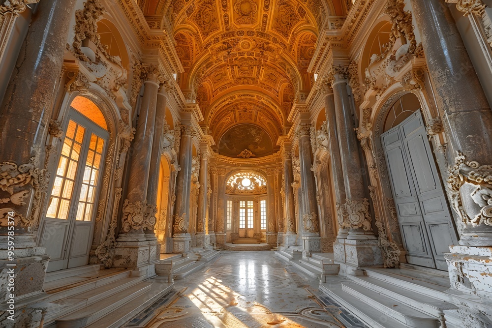 Fototapeta premium Opulent Hallway with Intricate Architecture and Golden Light