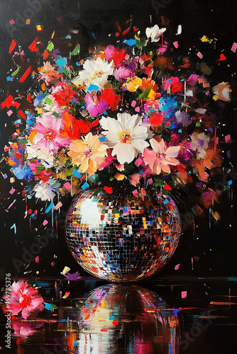 Oil painting, a large bouquet of flowers in the shape of a disco ball, with confetti flying around