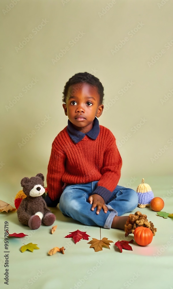 Adorable Black Child Surrounded by Autumn Stuffed Animals, Warm Fall Studio Background Adorable Black Child Surrounded by Autumn Stuffed Animals, Warm Fall Studio Background