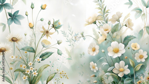 Charming floral composition with white and pastel flowers on soft background
