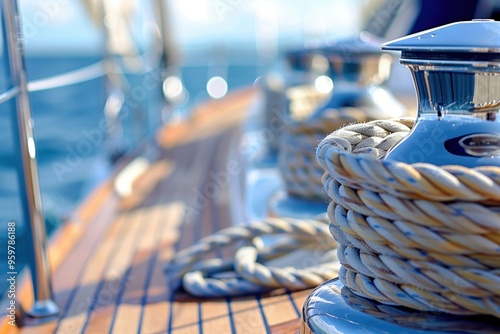 Detail image of yacht rope cleat on sailboat deck