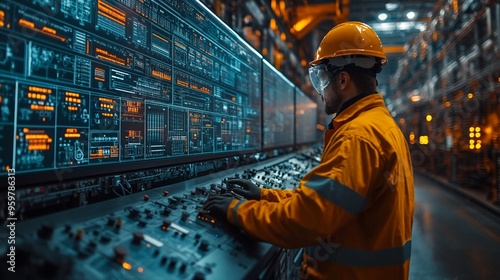 Master of the Control Room: An industrial engineer diligently monitors an array of digital displays in a high-tech facility. 