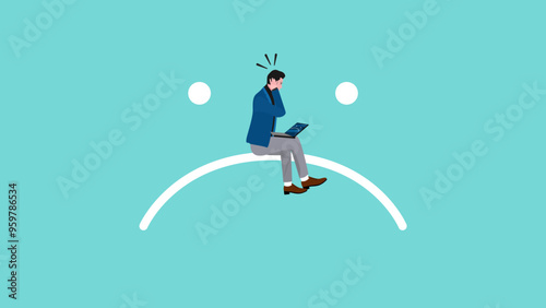 computer outage or blue screen of death error, incorrect software update, operating system crash or cyber attack, stressed businessman due to computer outage sitting on blue screen icon