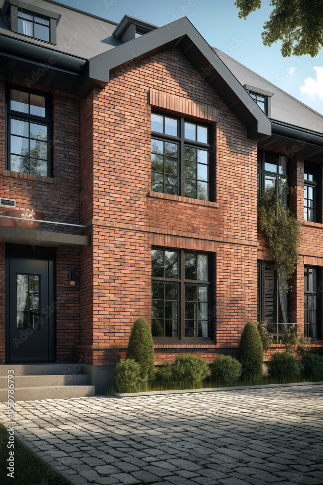 Naklejka premium A contemporary Dutch style house with a red brick facade, black-framed windows and front yard featuring well-maintained cobblestone driveway.