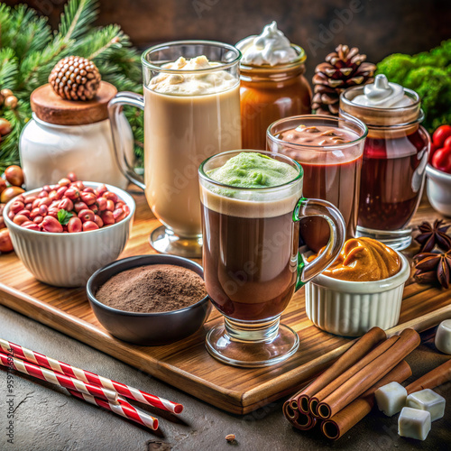 Variety of delicious winter beverages with toppings and spices on wooden board

