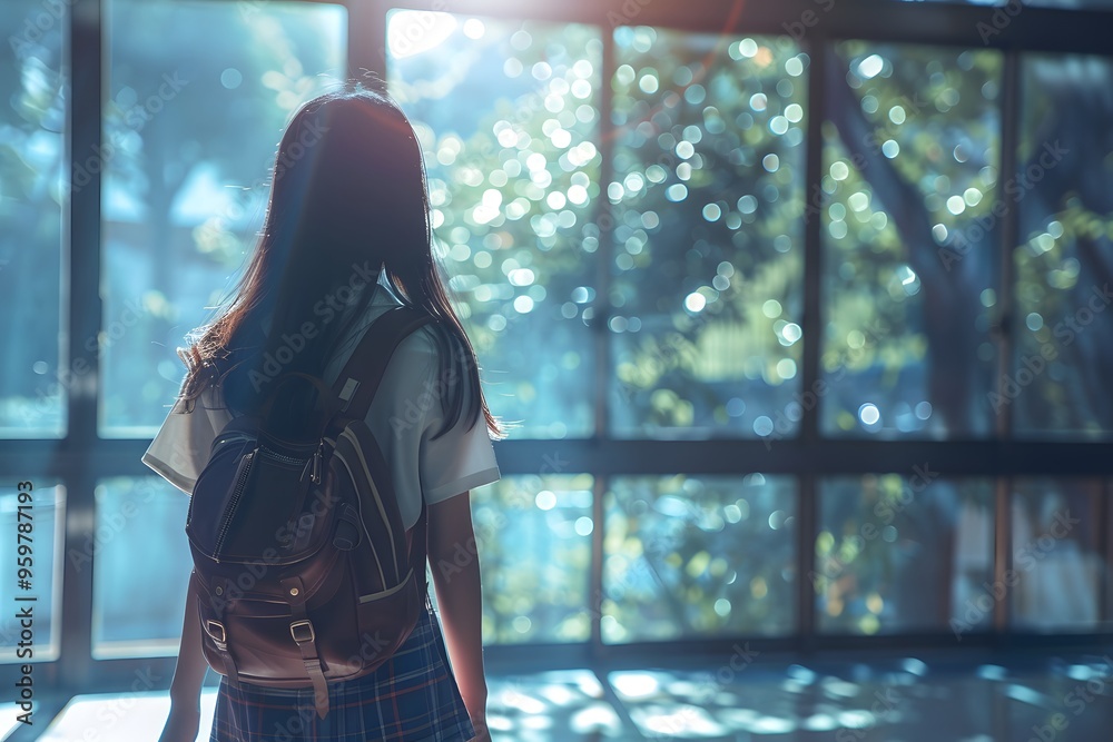 Obraz premium A Thoughtful Moment: A Student Gazing Out at Nature Through a Sunlit Window