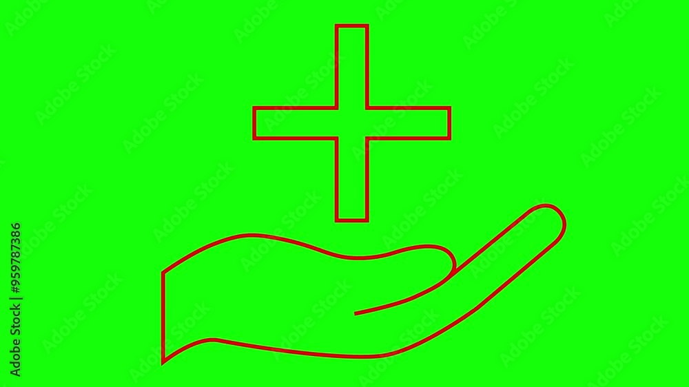 Animated red icon of hand with medical cross. Linear symbol is drawn. Concept of pharmacy, hospital, ambulance, medicine. Looped video. Vector illustration isolated on green background. Animated red icon of hand with medical cross. Linear symbol is drawn. Concept of pharmacy, hospital, ambulance, medicine. Looped video. Vector illustration isolated on green background.