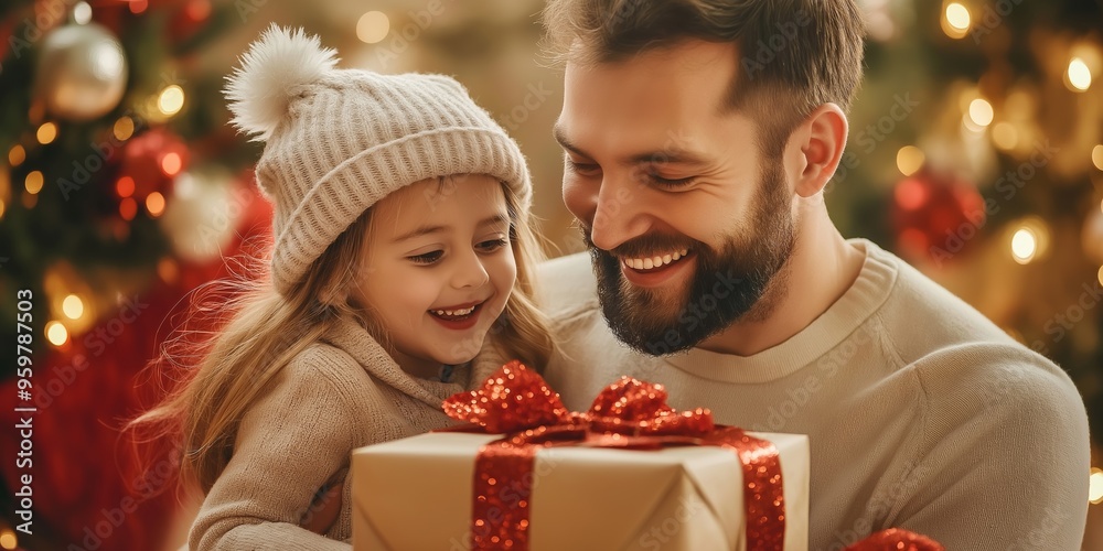 Happy family celebrating Christmas, excited child opening gifts near the tree.
