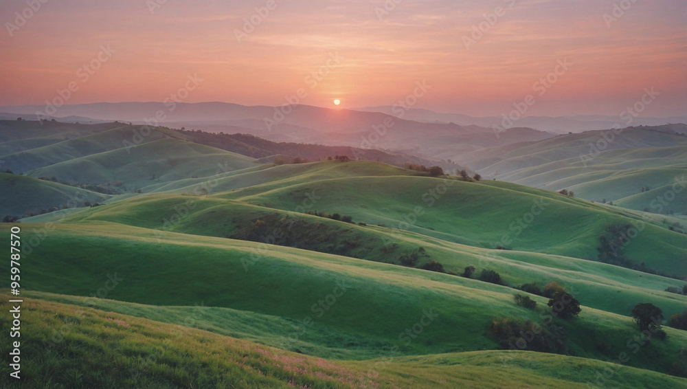 Fototapeta premium a watercolor-style landscape in pastel tones. Include rolling hills in pale green and blue, with a soft sunset in shades of pink and orange.