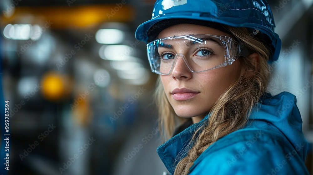 The Determined Gaze: A young female engineer confidently faces the camera, embodying strength and expertise in an industrial setting. Her blue hard hat and safety glasses reflect the grit. The Determined Gaze: A young female engineer confidently faces the camera, embodying strength and expertise in an industrial setting. Her blue hard hat and safety glasses reflect the grit.