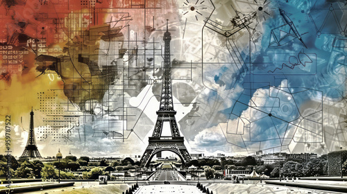 An intricate collage of the Eiffel Tower set against a backdrop of abstract maps, technical drawings, and colorful overlays. Ai generative.